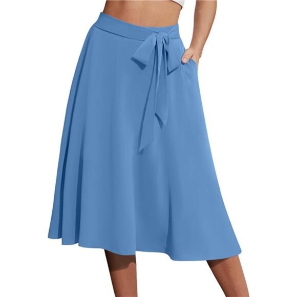 Women's A-Line Midi Skirt with Pockets High Waist Blue - Picture 1 of 3